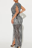 Celebrities Stripe Patchwork High Slit Strap Design V Neck Long Dresses