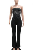 Sexy Letters Patchwork Backless Hot Drill Strapless Skinny Jumpsuits