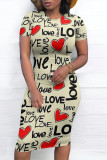 Casual Daily Letter Print Love Print Contrast O Neck Printed Short Sleeve Dress