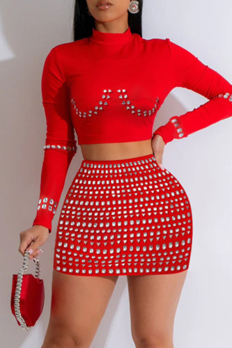 Sexy Patchwork Hot Drill O Neck Long Sleeve Two Pieces
