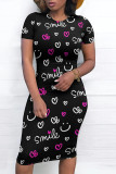 Casual Daily Letter Print Love Print Contrast O Neck Printed Short Sleeve Dress