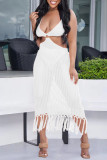 Sexy Solid Color Fringed Trim Hollow Out See-Through Spaghetti Strap Beach Dresses