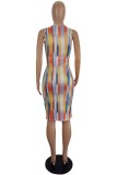 Casual Print Hollow Out Belted O Neck Sleeveless Dresses