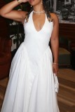 Sexy Casual Solid Color Backless Belted Halter Long Dresses