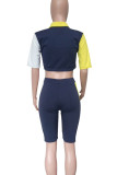 Casual Patchwork Zipper Turndown Collar Short Sleeve Two Pieces