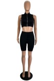 Casual Solid Color Patchwork Zipper Collar Sleeveless Two Pieces