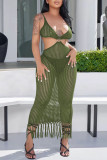 Sexy Solid Color Fringed Trim Hollow Out See-Through Spaghetti Strap Beach Dresses