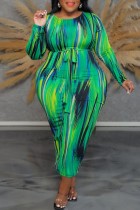 Casual Print Basic O Neck Long Sleeve Plus Size Dresses