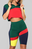 Casual Patchwork Zipper Turndown Collar Short Sleeve Two Pieces
