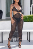 Sexy Solid Color Fringed Trim Hollow Out See-Through Spaghetti Strap Beach Dresses
