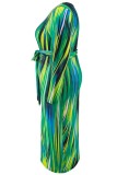 Casual Print Basic O Neck Long Sleeve Plus Size Dresses
