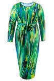 Casual Print Basic O Neck Long Sleeve Plus Size Dresses