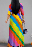 Casual Stripe Patchwork Strap Design V Neck Long Dresses