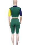 Casual Patchwork Zipper Turndown Collar Short Sleeve Two Pieces