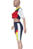 Casual Patchwork Zipper Turndown Collar Short Sleeve Two Pieces