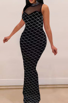 Celebrities Plaid Patchwork See-Through Mesh Hot Drill Zipper O Neck Long Dresses