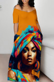 Casual Street Figure Print Off Shoulder Printed Dresses