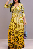 Casual Print Patchwork Strap Design V Neck Long Dresses