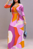 Casual Street Geometric Print With Belt Contrast V Neck Printed Dresses