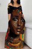 Casual Street Figure Print Off Shoulder Printed Dresses