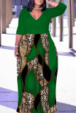 Casual Print Patchwork Belted V Neck Long Dresses