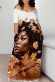 Casual Street Figure Print Off Shoulder Printed Dresses