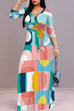 Casual Street Geometric Print With Belt Contrast V Neck Printed Dresses