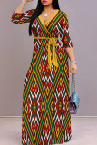 Casual Print Patchwork Strap Design V Neck Long Dresses
