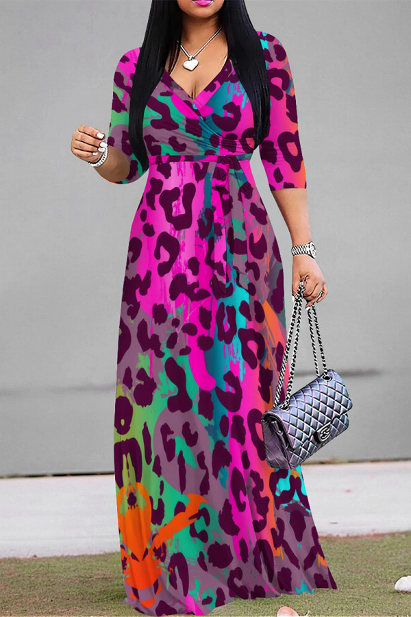 Casual Street Leopard Print Lace Up Contrast V Neck Printed Dresses