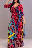 Casual Street Leopard Print Lace Up Contrast V Neck Printed Dresses
