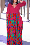 Casual Print Patchwork Belted V Neck Long Dresses