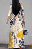 Street Daily Leaf Print Lace Up Contrast V Neck Printed Dresses