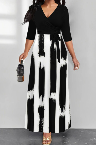 Casual Street Geometric Print With Belt Contrast V Neck Printed Dresses
