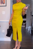 Celebrities Solid Color Patchwork Slit O Neck Long Dresses
