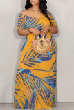 Sexy Leaf Print Pocket Contrast Off Shoulder Printed Dresses