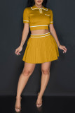 Sexy Pocket Buckle Patchwork Pleated Contrast Turndown Collar Short Sleeve Two Pieces