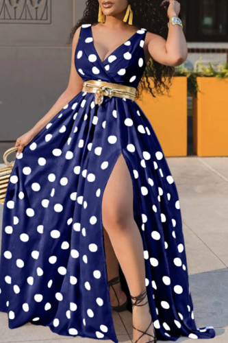 Celebrities Polka Dot Patchwork High Slit V Neck Long Plus Size Dresses