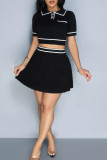 Sexy Pocket Buckle Patchwork Pleated Contrast Turndown Collar Short Sleeve Two Pieces