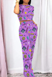 Casual Daily Graffiti Print Pocket Contrast O Neck Short Sleeve Two Pieces