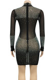 Sexy Patchwork See-Through Hot Drill Zipper O Neck Wrapped Skirt Dresses