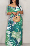 Sexy Leaf Print Pocket Contrast Off Shoulder Printed Dresses