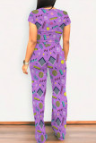 Casual Daily Graffiti Print Pocket Contrast O Neck Short Sleeve Two Pieces