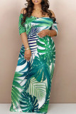 Sexy Leaf Print Pocket Contrast Off Shoulder Printed Dresses