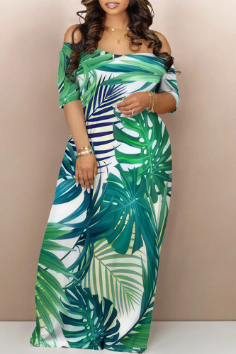 Sexy Leaf Print Pocket Contrast Off Shoulder Printed Dresses