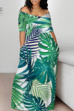 Sexy Leaf Print Pocket Contrast Off Shoulder Printed Dresses