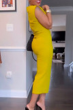 Celebrities Solid Color Patchwork Slit O Neck Long Dresses