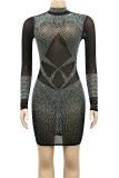 Sexy Patchwork See-Through Hot Drill Zipper O Neck Wrapped Skirt Dresses