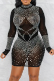 Sexy Patchwork See-Through Hot Drill Zipper O Neck Wrapped Skirt Dresses