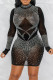 Sexy Patchwork See-Through Hot Drill Zipper O Neck Wrapped Skirt Dresses