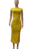 Celebrities Solid Color Patchwork Slit O Neck Long Dresses